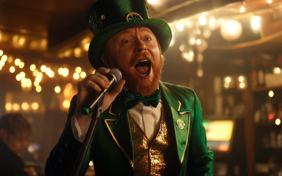 AI image of a leprechaun singing into a microphone