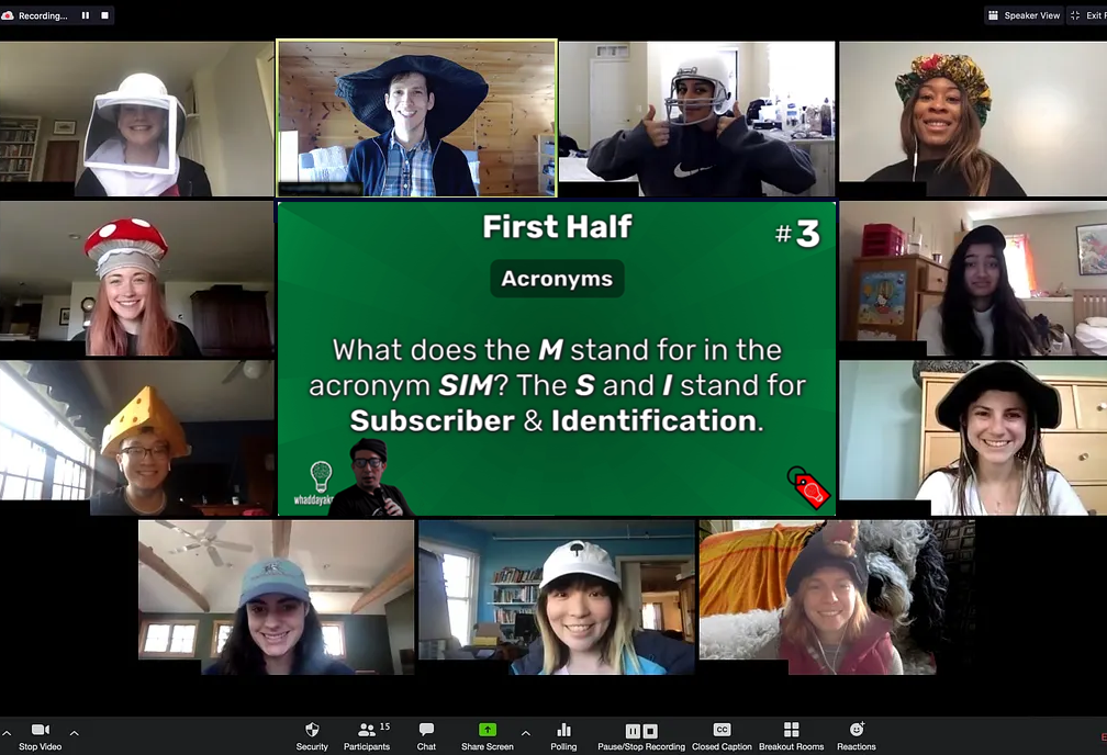 Zoom of virtual trivia participants with the Whaddayaknow? trivia slide in the center