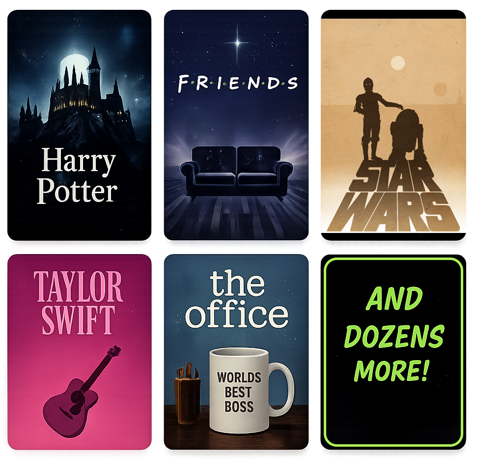 theme set logos, harry potter, friends, star wars, taylor swift, the office, and more